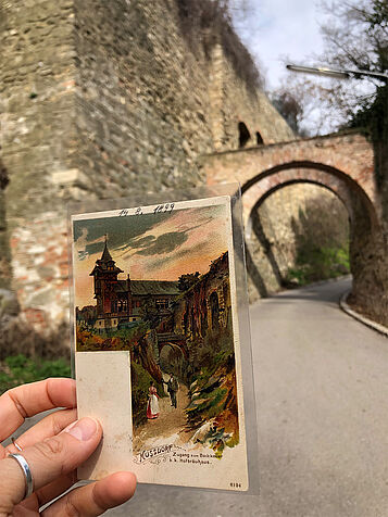 Old arch near Kahlenberg mountain in real life and on a postcard. (C) Odessa Kelebay