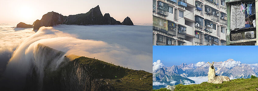 Siegerfotos Fotowettbewerb - Wolkenwasserfall von Niklas Kastius, Slum-Hochhaus von Lorin Helwig und Lama vor den Dolomiten von Clemens Wagner.
