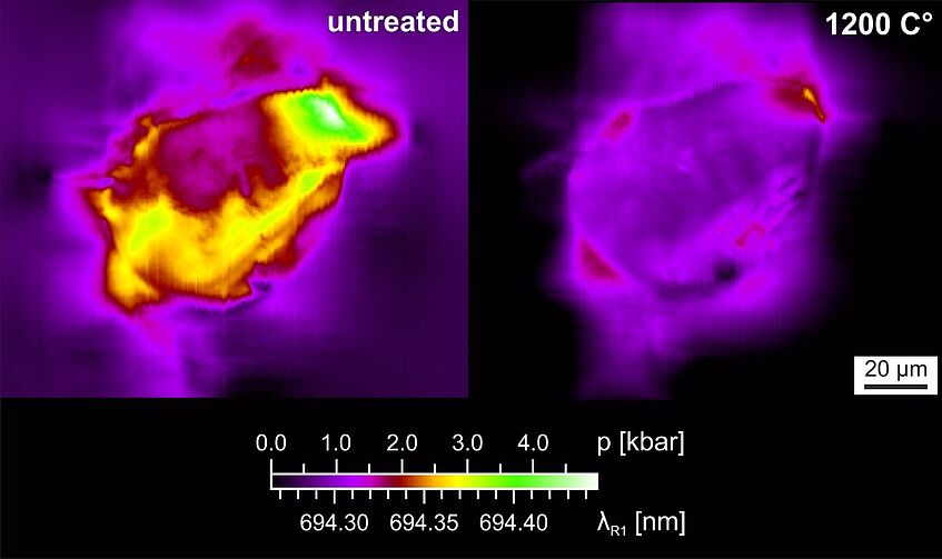 Color-coded hyperspectral maps showing the distribution of compressive stress in the host corundum.  Abbildung: © Manuela Zeug/Universität Wien 