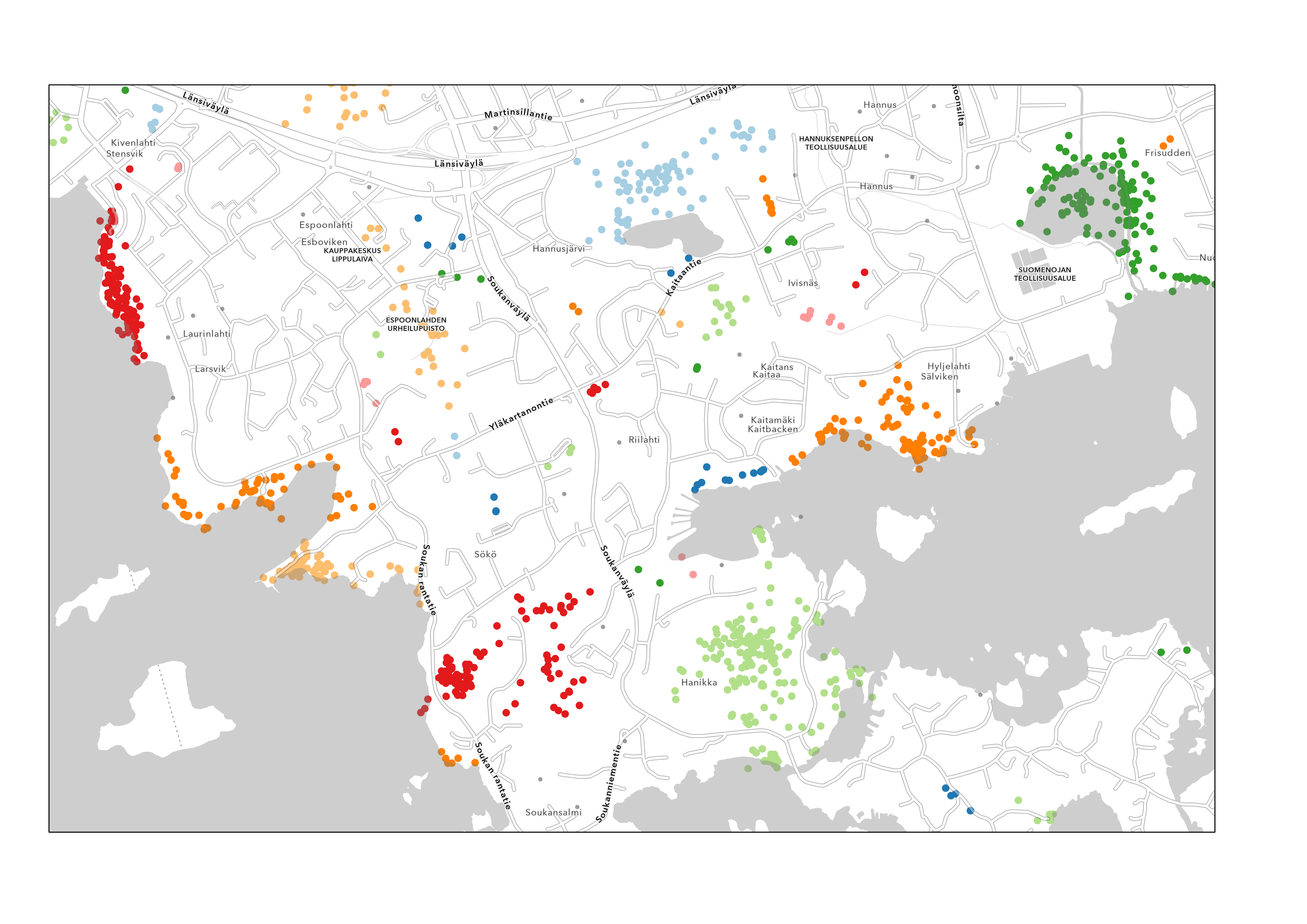 Digital mapping tools provide opportunities to capture residents' spatial practices, local knowledge, and views on how to improve the living environment. The figure portrays resident-mapped data on the recreational use of green and blue spaces in Espoo, F