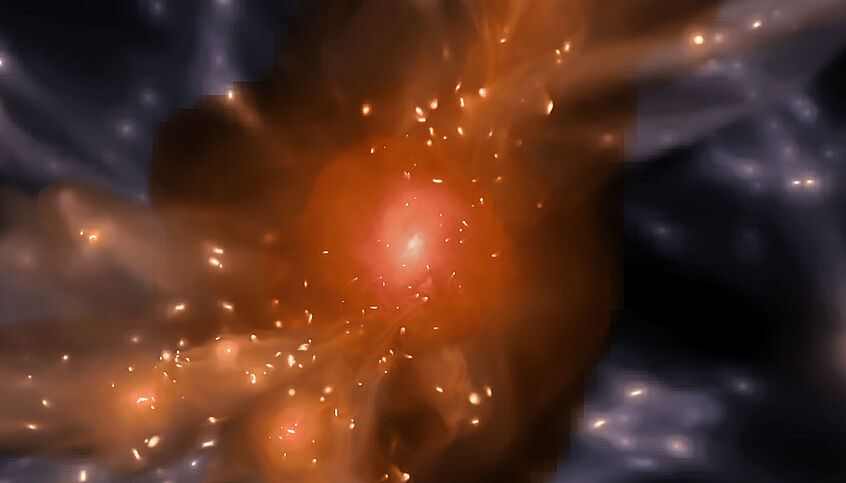 Simulation eines Galaxienhaufens: Ein Wirbel aus hellen Scheiben, die sich um ein zentrales Licht drehen, alles umgeben von einem orangefarbenen Halo.