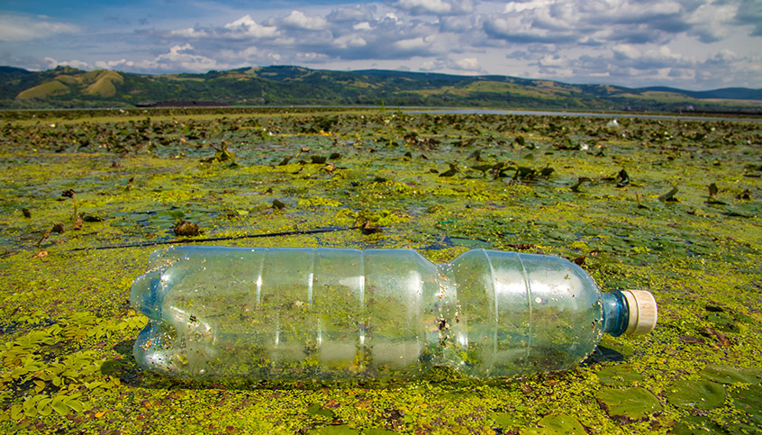 Plastikflasche treibt auf der Wasseroberfläche der Donau. Photo: CC 2.0, Ivan Radic on Wikimedia Commons