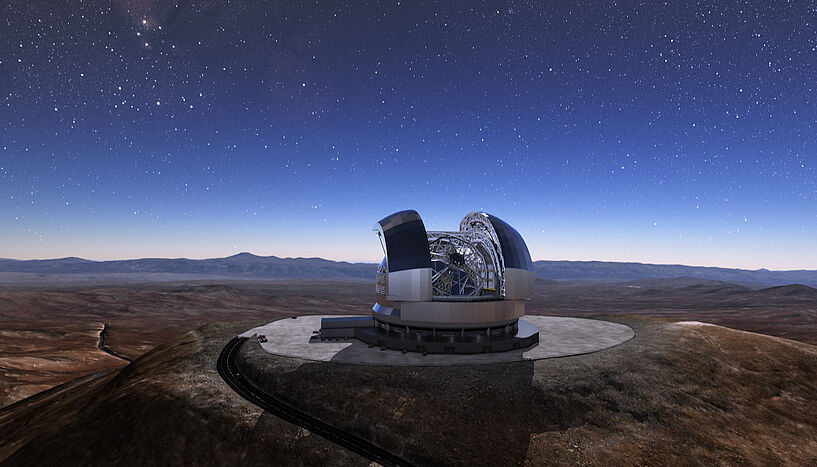 Künstlerische Darstellung des fertigen Teleskops am Cerro Amazones in Chile. C: ESO/L. Calçada 