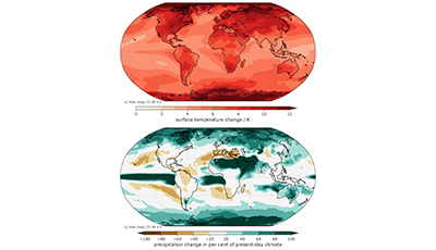 Reaktion der Oberflächentemperatur (oben) und des Niederschlags (unten) auf eine Vervierfachung des atmosphärischen Kohlendioxids © Aiko Voigt CC BY 4.0