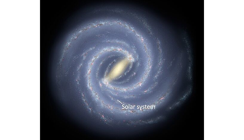 Artistic representation of the Milky Way. The position of the Solar System is pointed by a white row. 